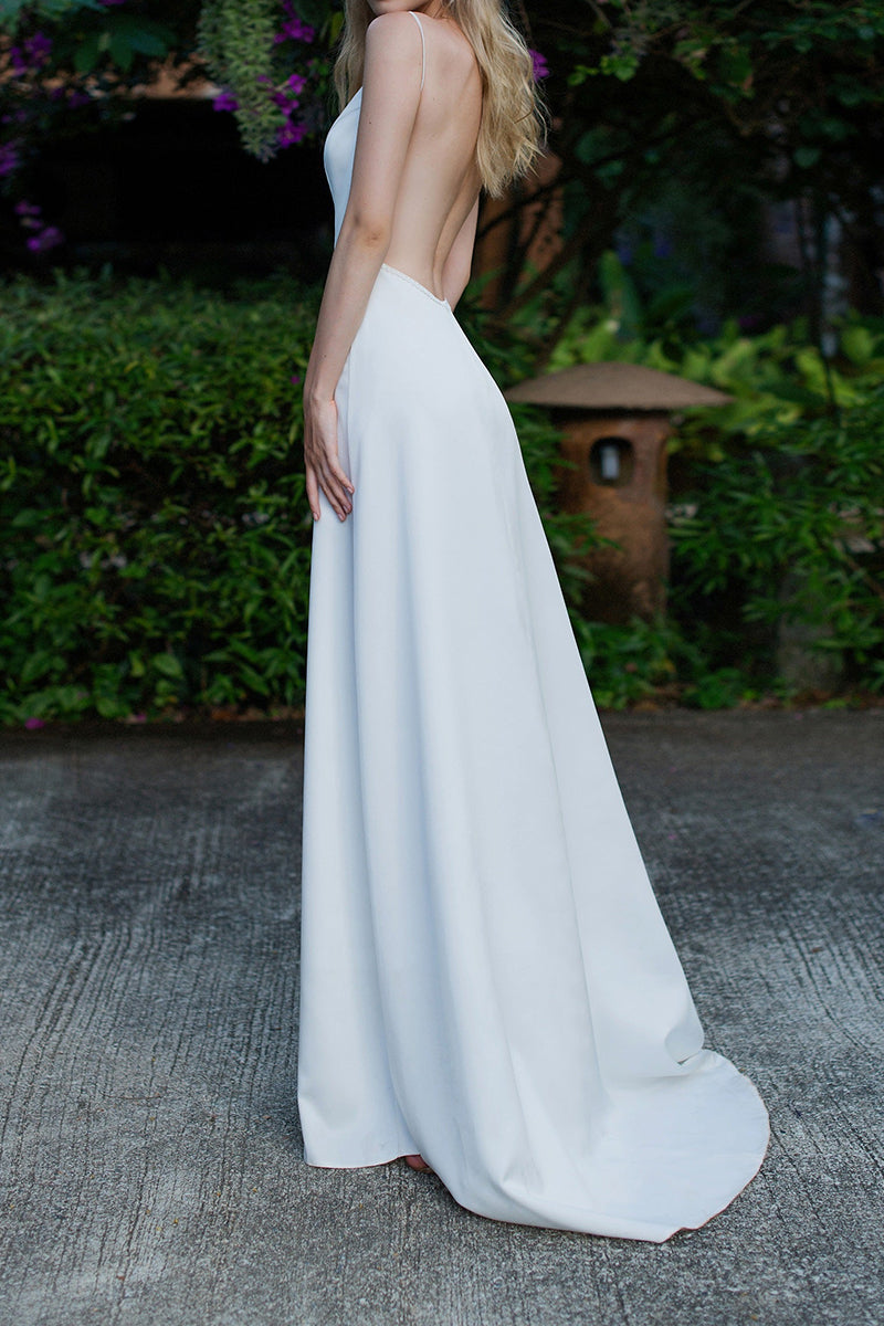 K1386 - Beach Two Piece V-Neck Backless Satin A-Line Long Wedding Dress