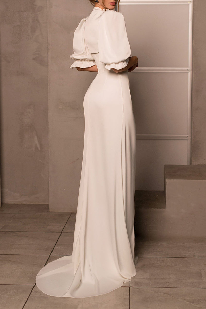 K1387 - Two Piece Strapless Ruched Satin Sheath Long Wedding Dress