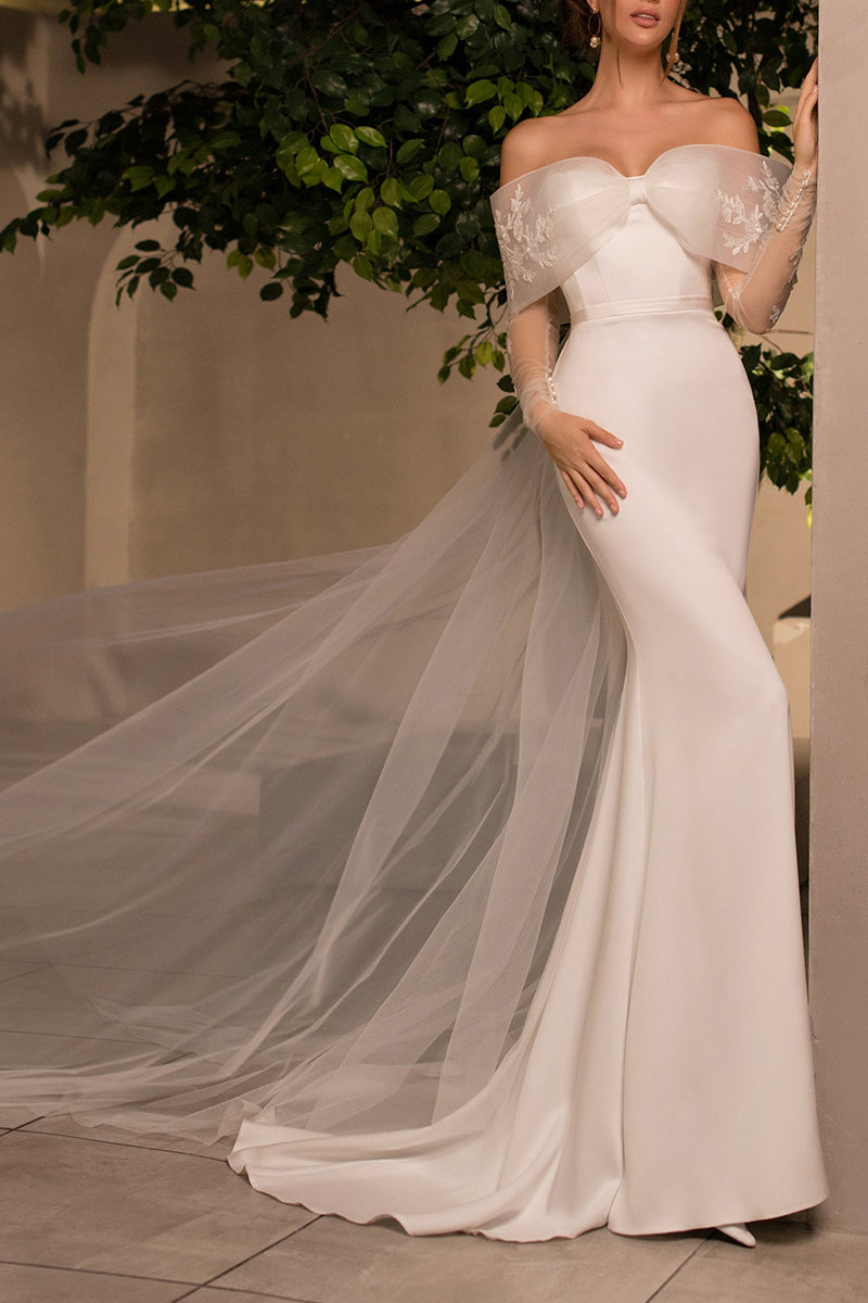 K1390 - Off-Shoulder Strapless Tulle Satin Mermaid Long Wedding Dress With Bow