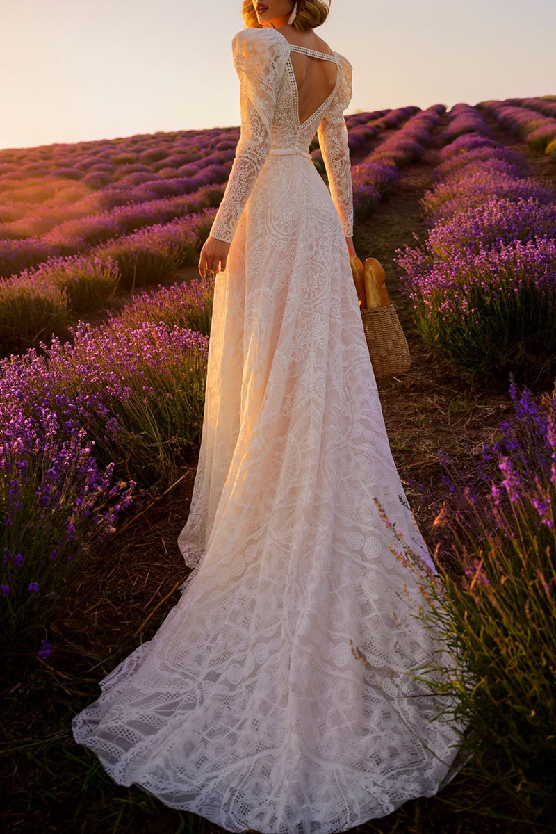 K1393 - Two Piece Long Sleeves V-Neck Lace Sheer A-Line Long Wedding Dress