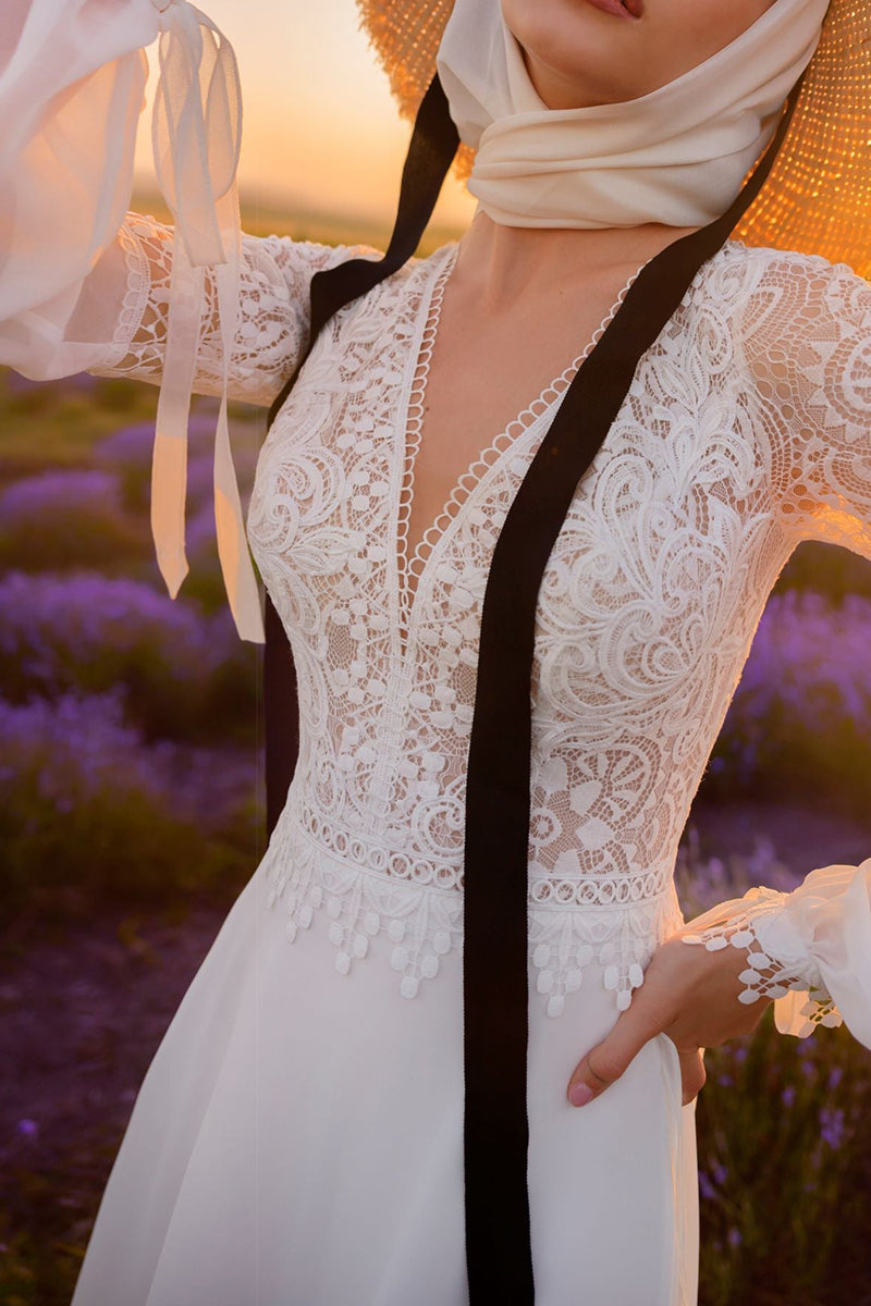 K1394 - V-Neck Long Sleeves Sheer Lace Tulle A-Line Long Wedding Dress