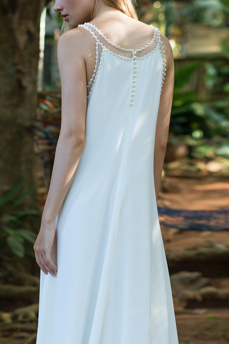 K1395 - Scoop Sleeveless Pearl Beaded Chiffon A-Line Long Wedding Dress