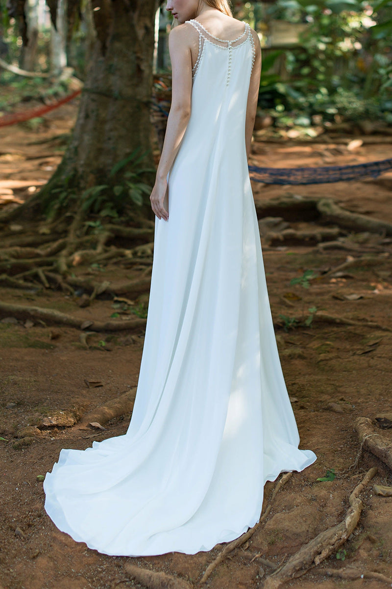 K1395 - Scoop Sleeveless Pearl Beaded Chiffon A-Line Long Wedding Dress