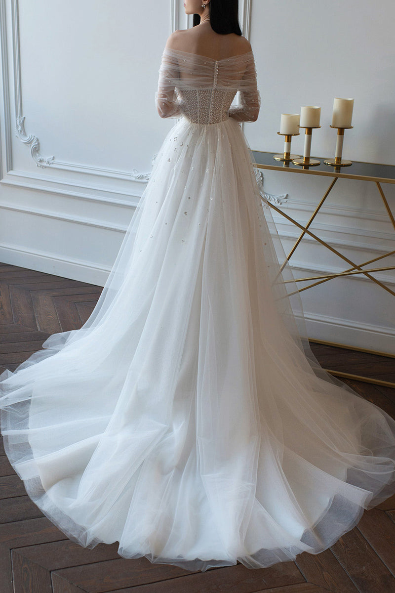 K1396 - Off-Shoulder Long Sleeves Ruched Tulle A-Line Long Wedding Dress