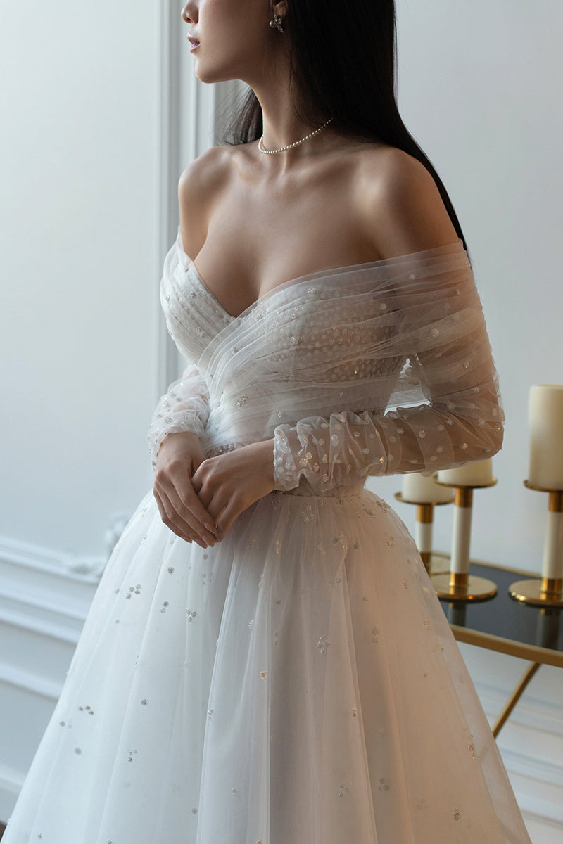 K1396 - Off-Shoulder Long Sleeves Ruched Tulle A-Line Long Wedding Dress