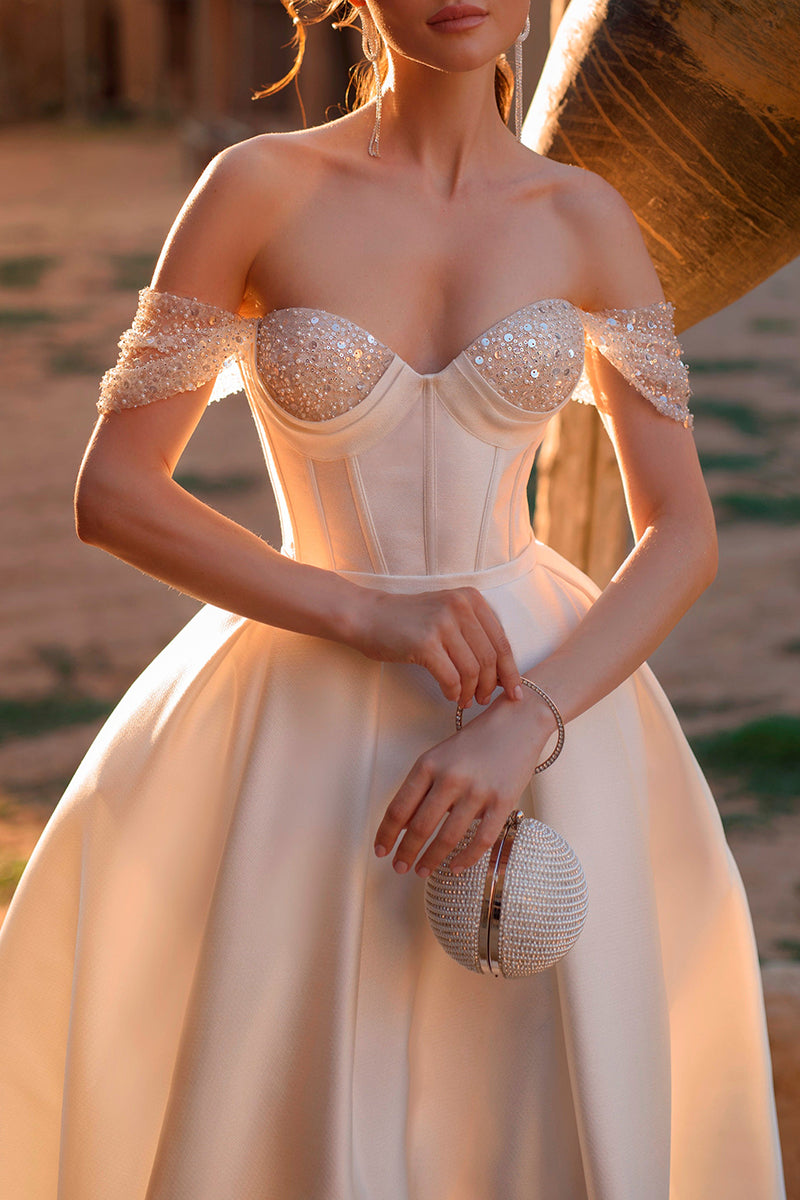 K1398 - Sweetheart Off-Shoulder Sequined Satin A-Line Long Wedding Dress