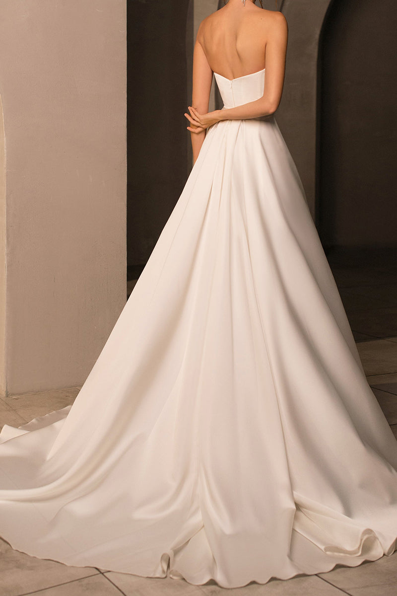 K1399 - Sweetheart Strapless Ruched Satin A-Line Long Wedding Dress With Slit