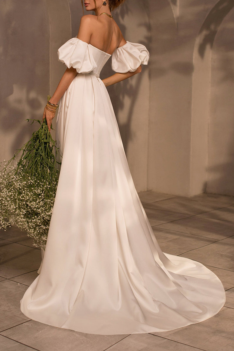 K1401 - Sweetheart Strapless Ruched Satin A-Line Long Wedding Dress