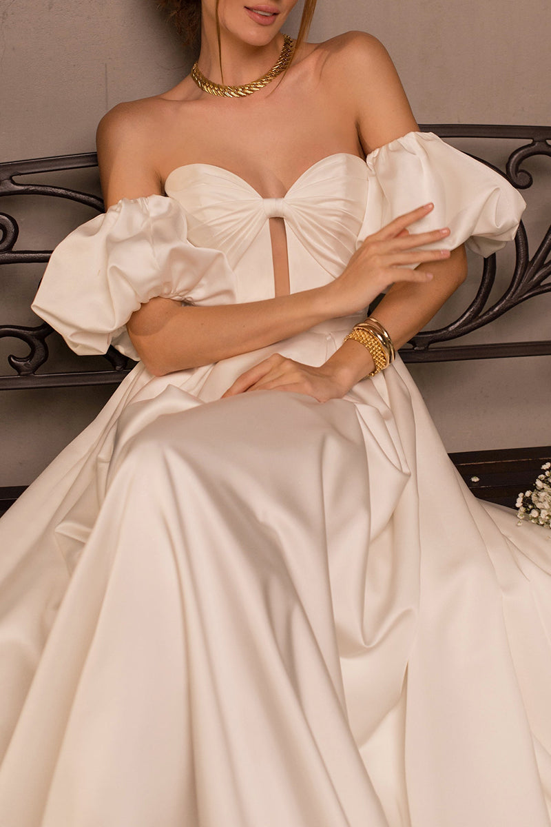 K1401 - Sweetheart Strapless Ruched Satin A-Line Long Wedding Dress