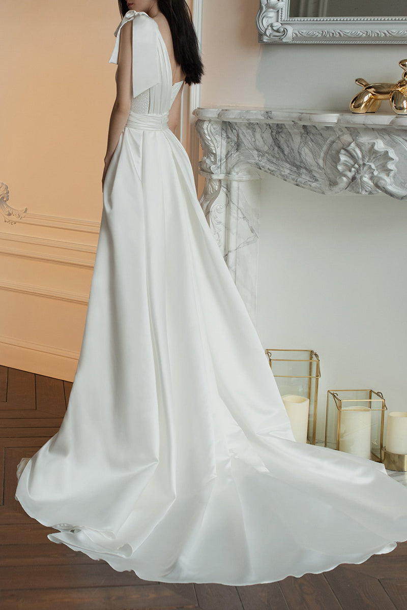 K1402 - Sparkly One Shoulder Sequins Ruched Satin A-Line Long Wedding Dress