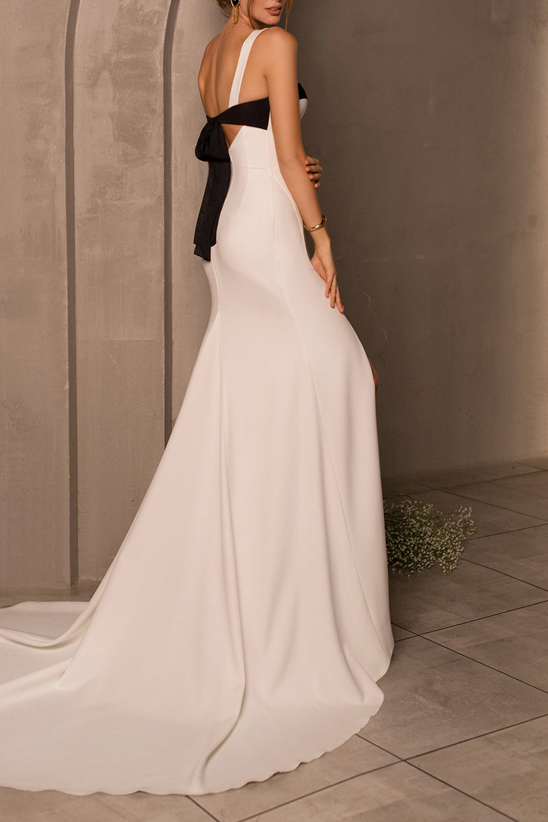 K1404 - Simple Sweetheart Sleeveless Satin Sheath Long Wedding Dress With Slit