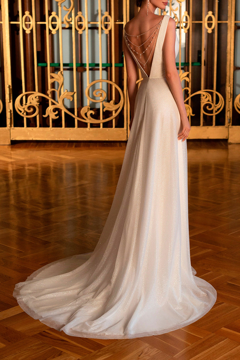 K1405 - Sparkly Low V-Neck Beaded Ruched Tulle A-Line Long Wedding Dress