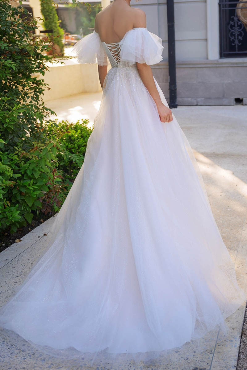 K1406 - Sparkly Strapless Ruched Tulle A-Line Long Wedding Dress