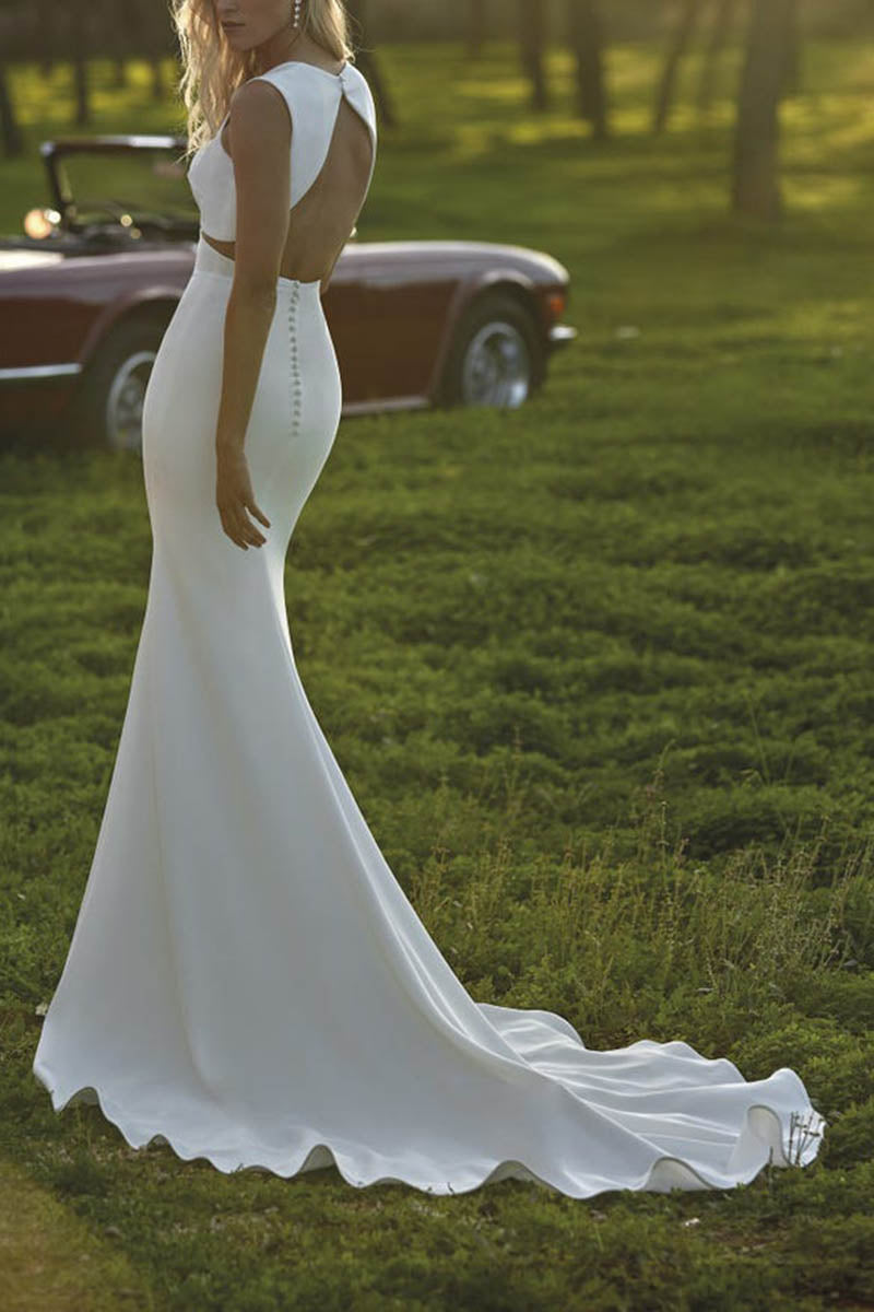 K1408 - Sweetheart Backless Sleeveless Satin Sheath Long Wedding Dress