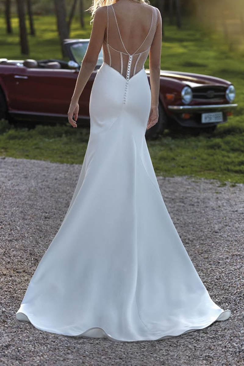 K1409 - V-Neck Beaded Sheer Tulle Satin Mermaid Long Wedding Dress