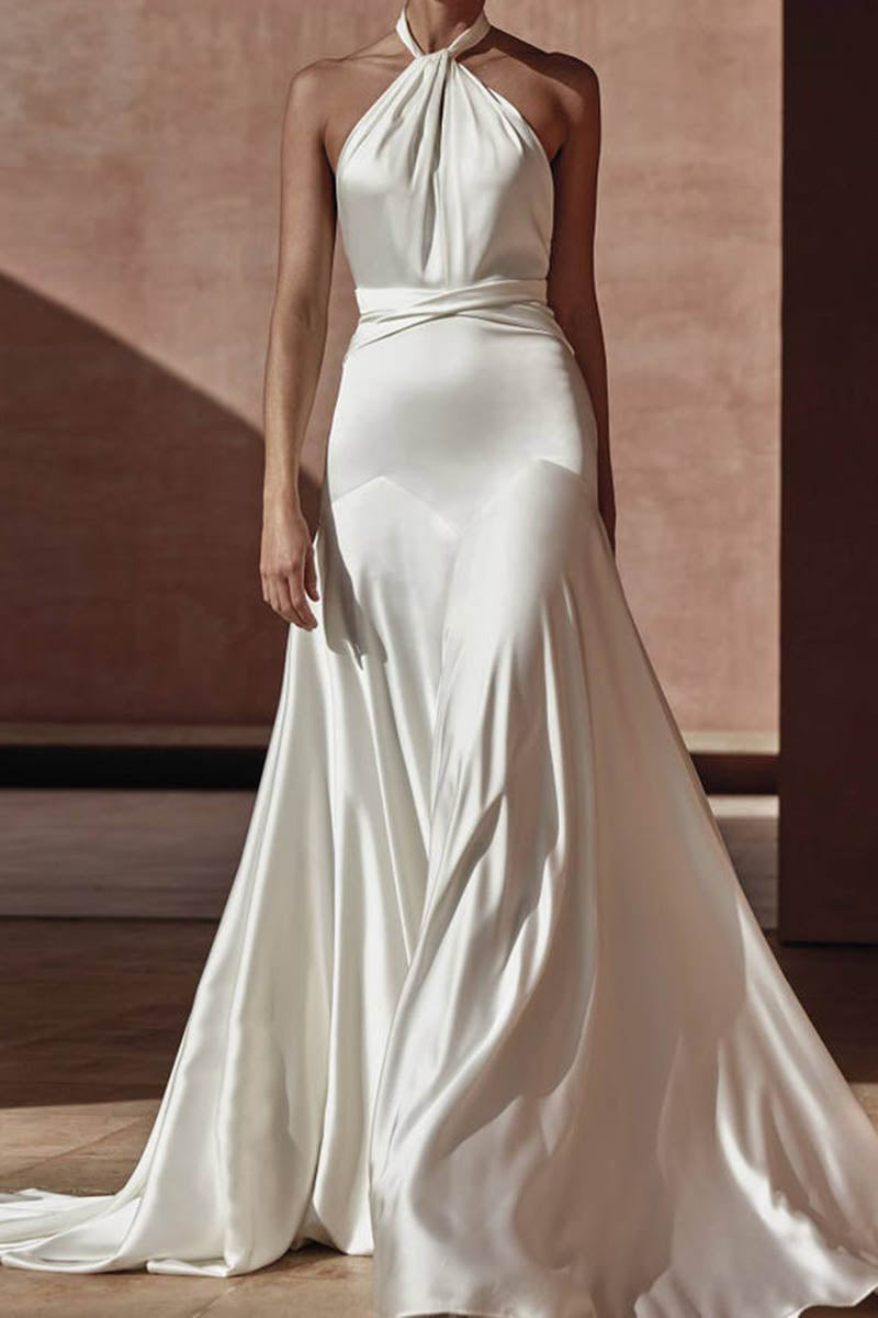 K1411 - Halter Sleeveless Ruched Satin Mermaid Long Wedding Dress