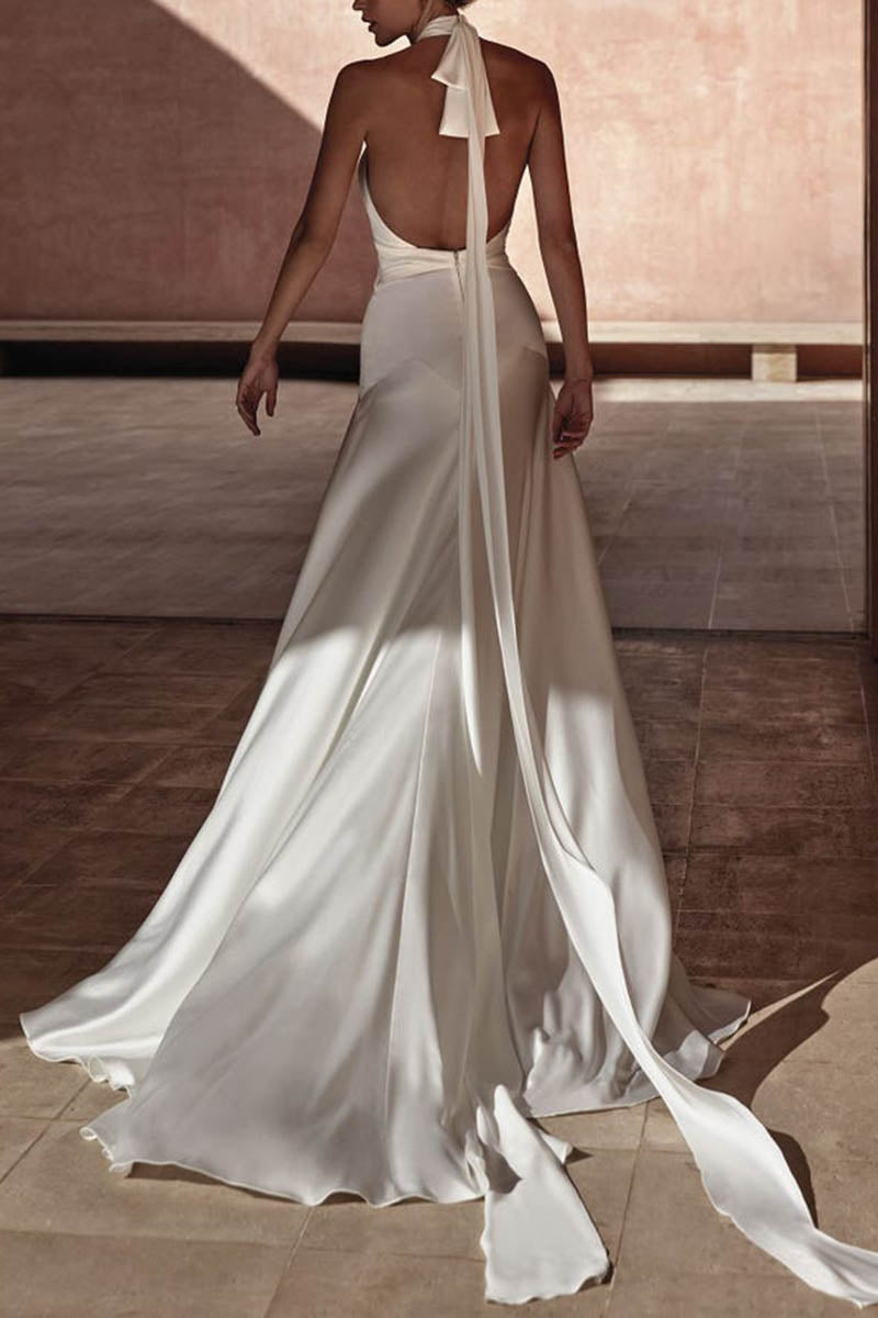 K1411 - Halter Sleeveless Ruched Satin Mermaid Long Wedding Dress