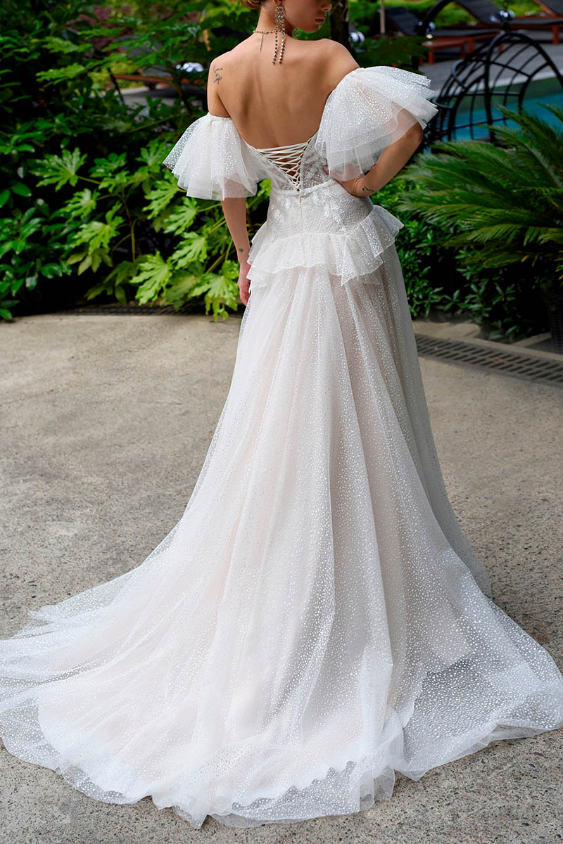 K1414 - Sweetheart Strapless Bodice Sheer Tulle A-Line Long Wedding Dress