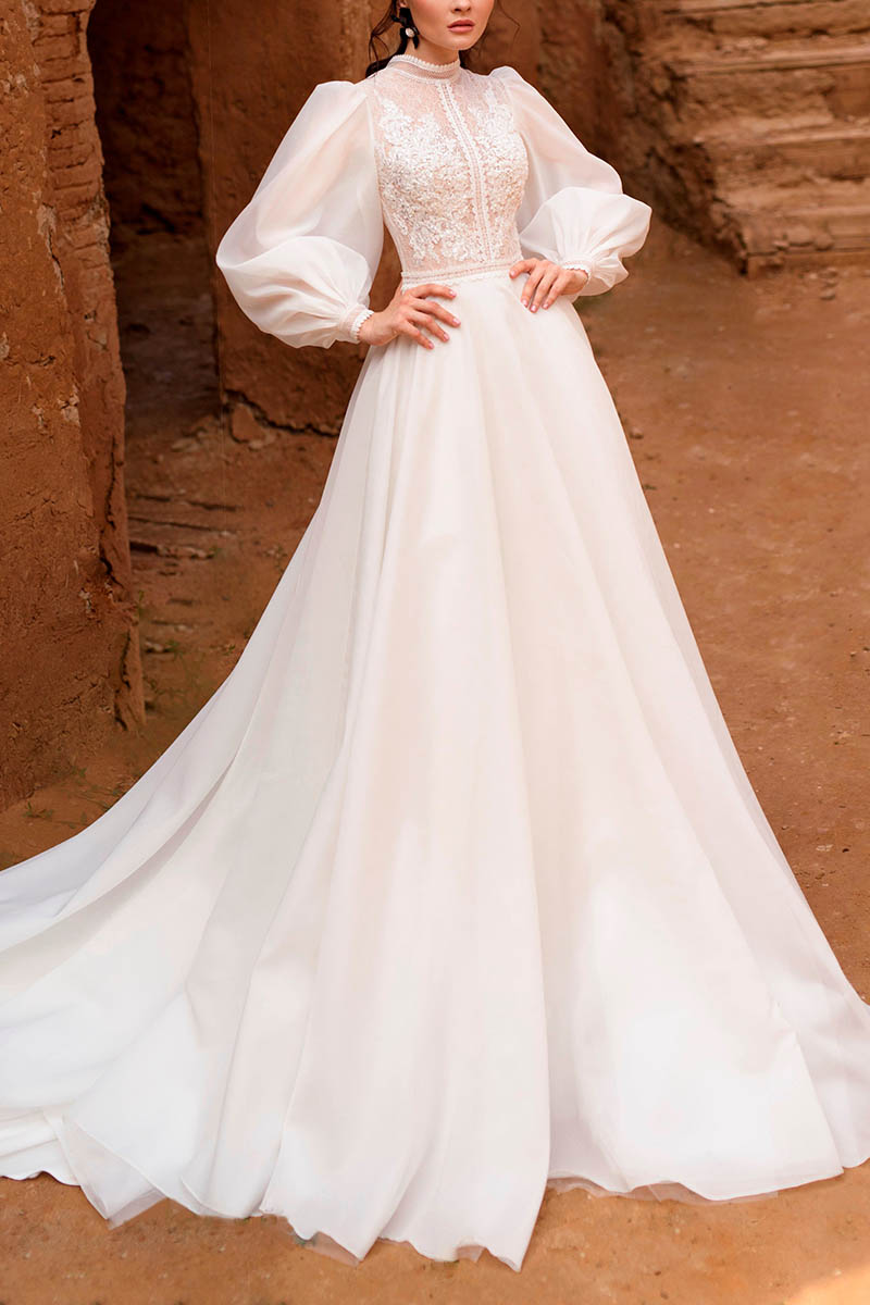 K1417 - High Neck Long Sleeves Sheer Lace Tulle A-Line Long Wedding Dress