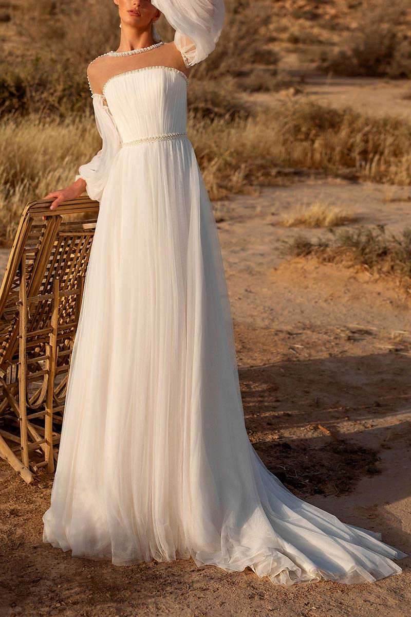 K1418 - Scoop Pearl Beaded Long Sleeves Tulle A-Line Long Wedding Dress