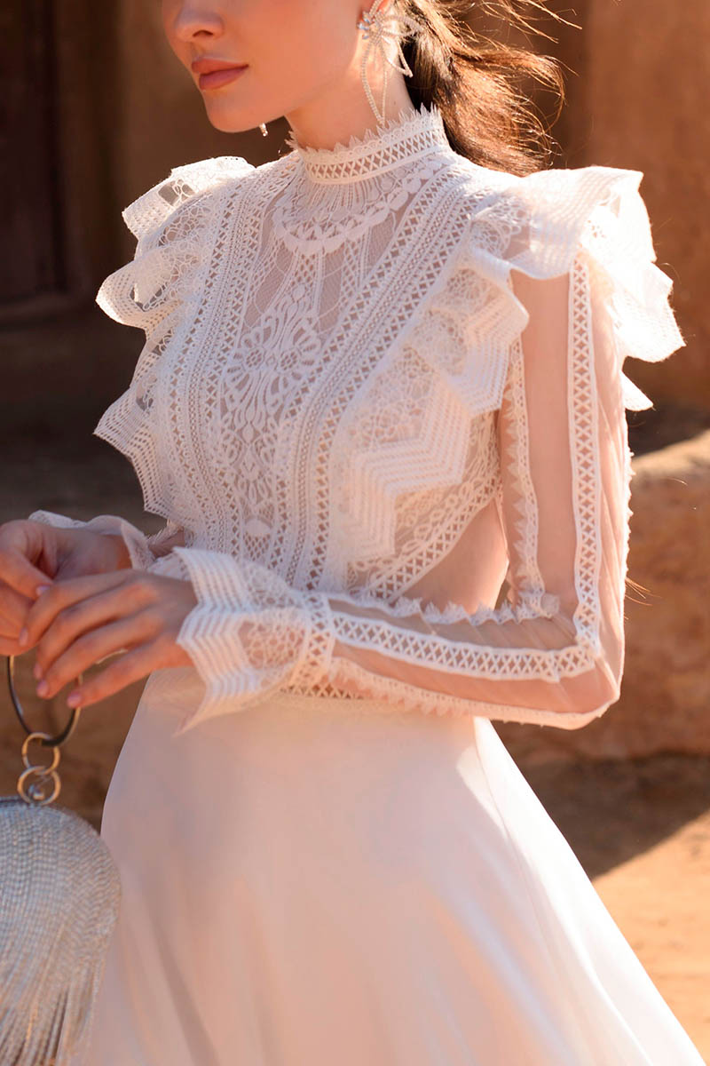 K1419 - Beach Boho High Neck Long Sleeves Lace Tulle A-Line Wedding Dress