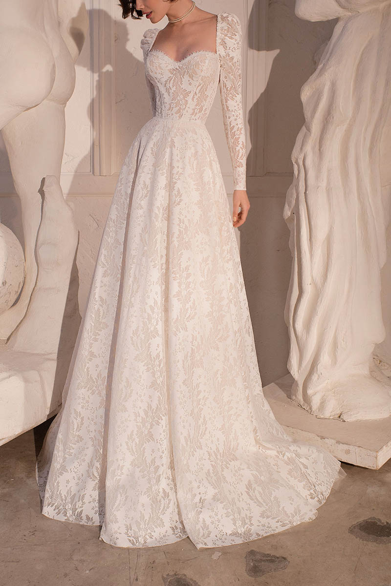 K1420 - Sweetheart Long Sleeves Sheer Lace A-Line Long Wedding Dress