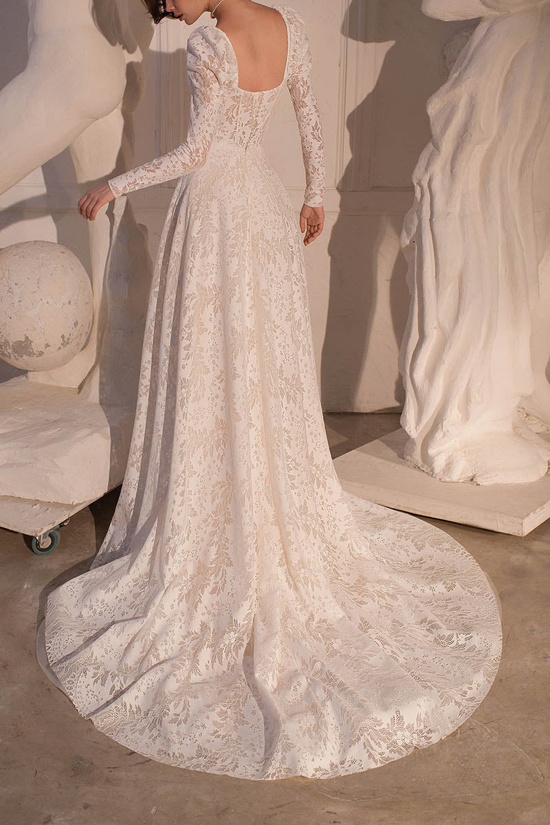 K1420 - Sweetheart Long Sleeves Sheer Lace A-Line Long Wedding Dress