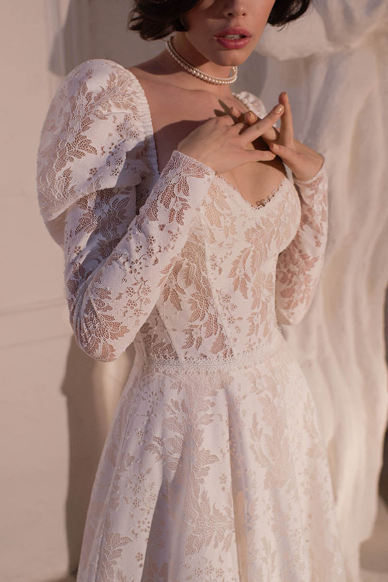 K1420 - Sweetheart Long Sleeves Sheer Lace A-Line Long Wedding Dress