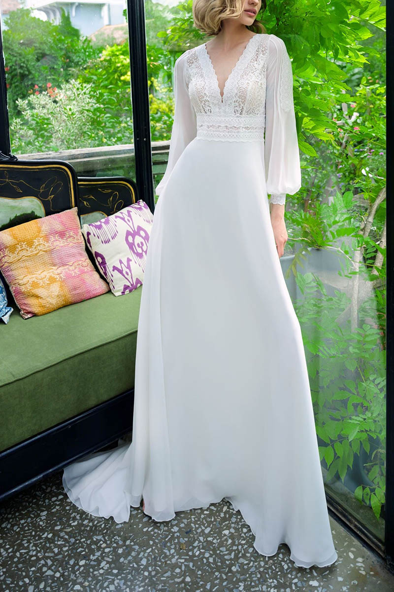 K1421 - V-Neck Long Sleeves Sheer Lace Tulle A-Line Long Wedding Dress