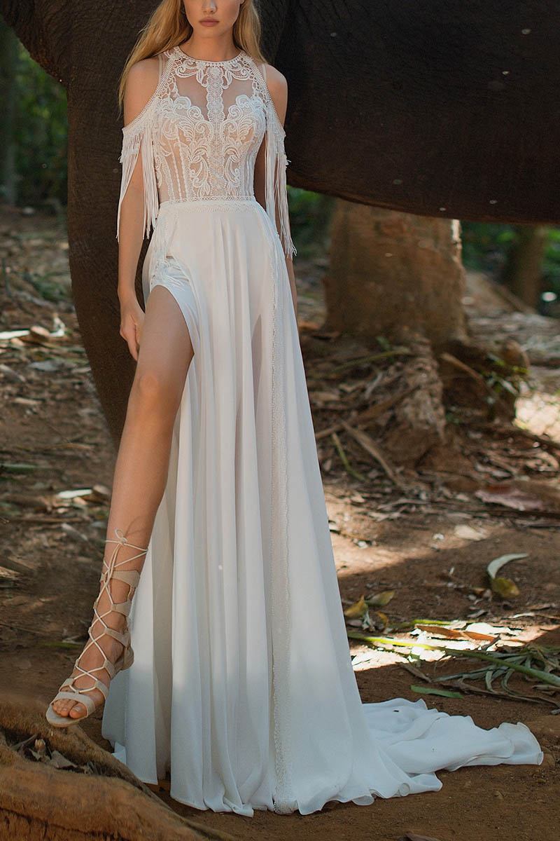 K1422 - Beach Boho Halter Sleeveless Lace Tulle A-Line Long Wedding Dress