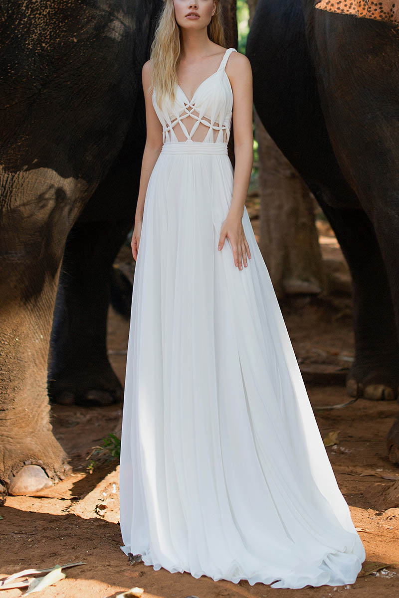 K1423 - Beach Boho V-Neck Cut Outs Ruched Tulle A-Line Long Wedding Dress