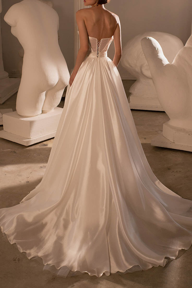 K1424 - Strapless Ruched Satin A-Line Long Wedding Dress With Detachable Sleeves