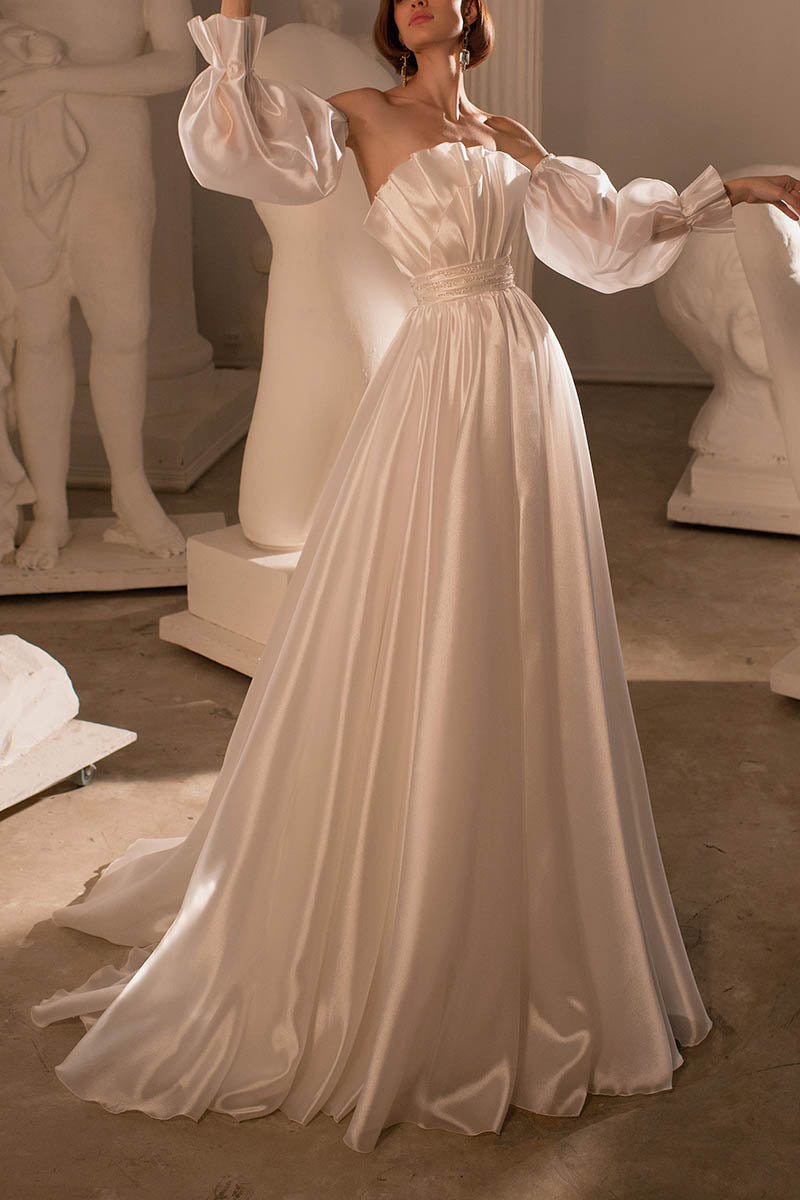 K1424 - Strapless Ruched Satin A-Line Long Wedding Dress With Detachable Sleeves