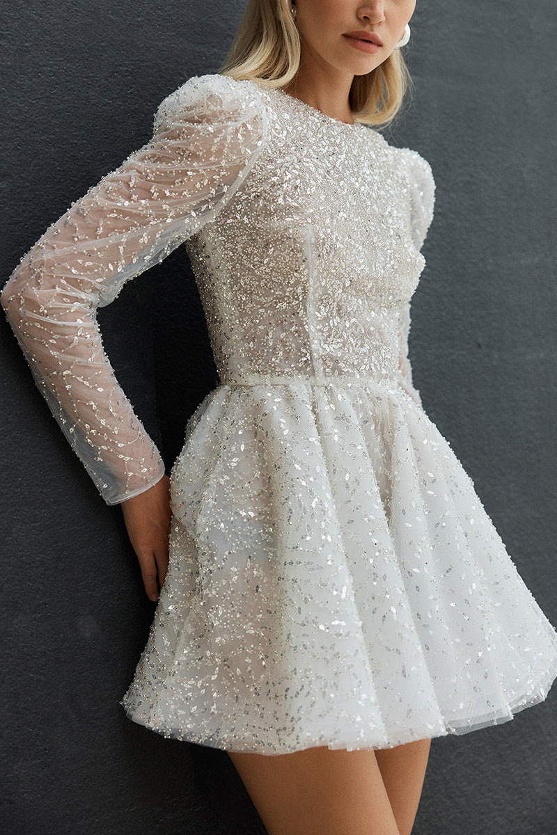 K1427 - Sparkly Scoop Long Sleeves Sequined A-Line Mini Wedding Dress