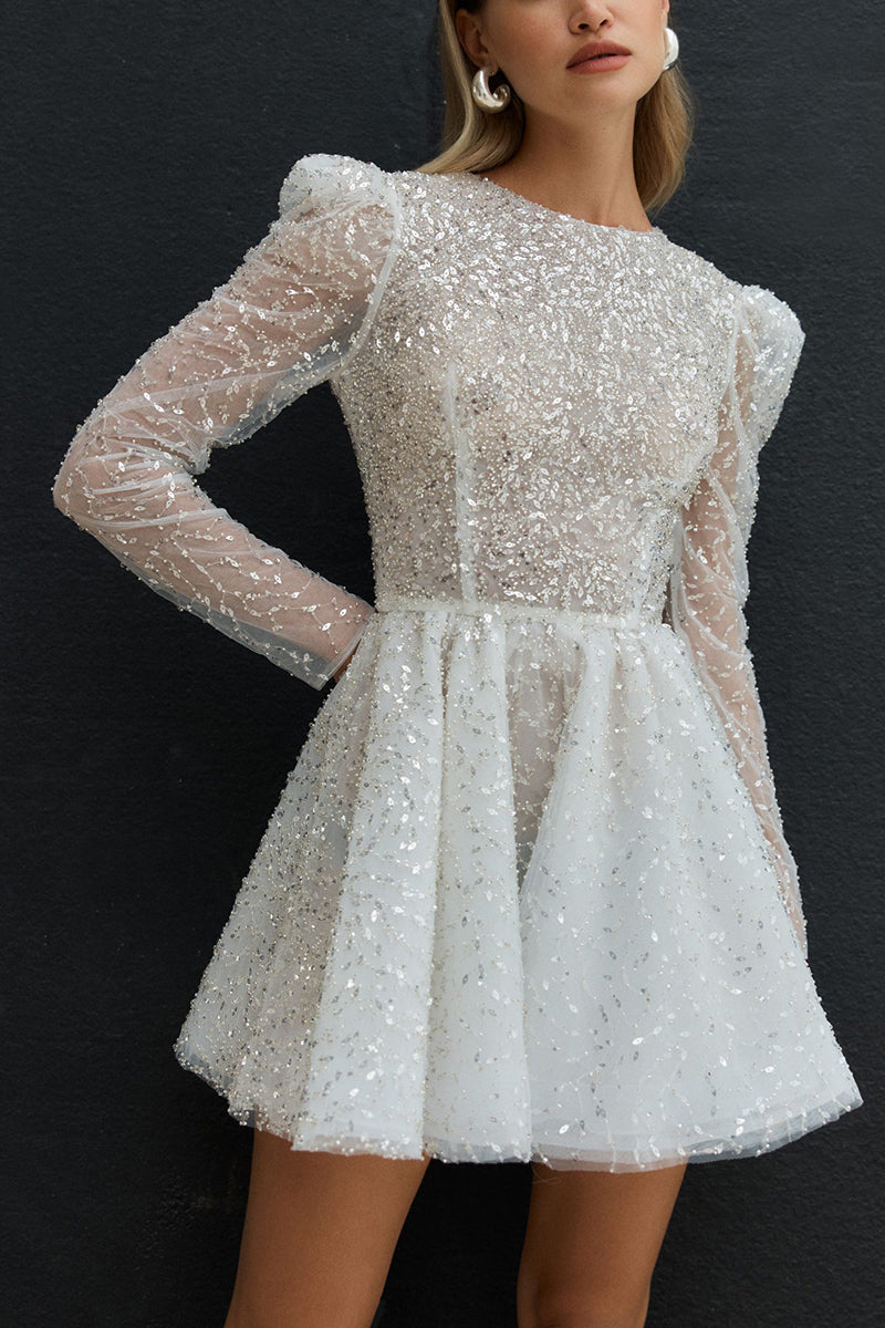 K1427 - Sparkly Scoop Long Sleeves Sequined A-Line Mini Wedding Dress