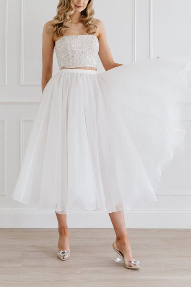 K1428 - Two Piece Strapless Sequined Tulle A-Line Midi Wedding Dress