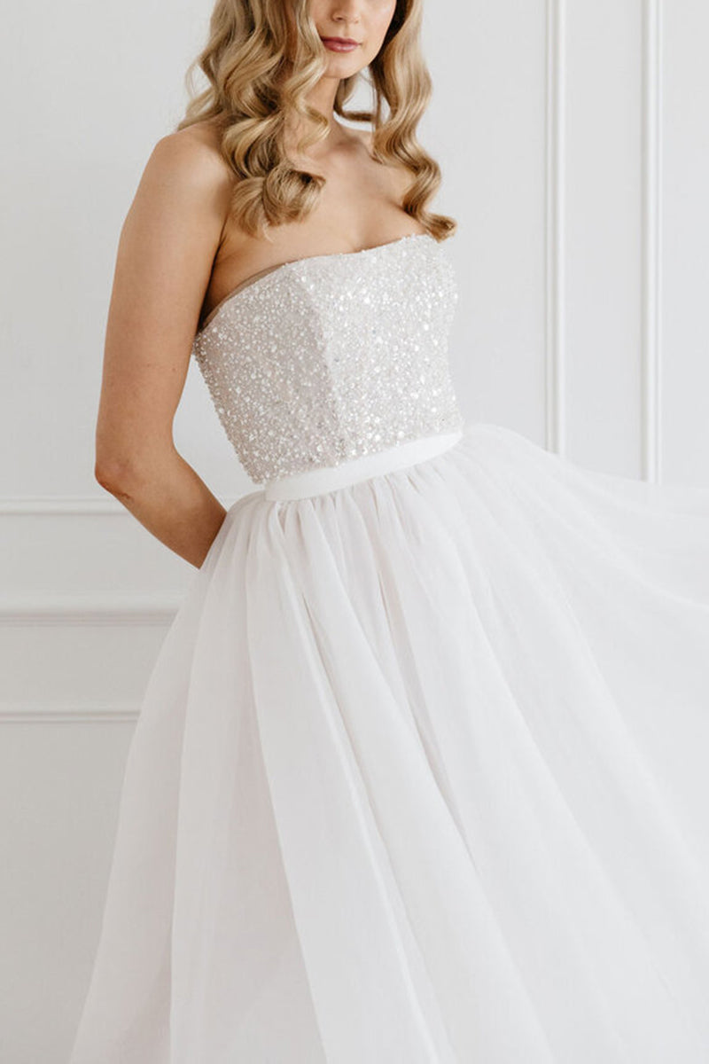 K1428 - Two Piece Strapless Sequined Tulle A-Line Midi Wedding Dress