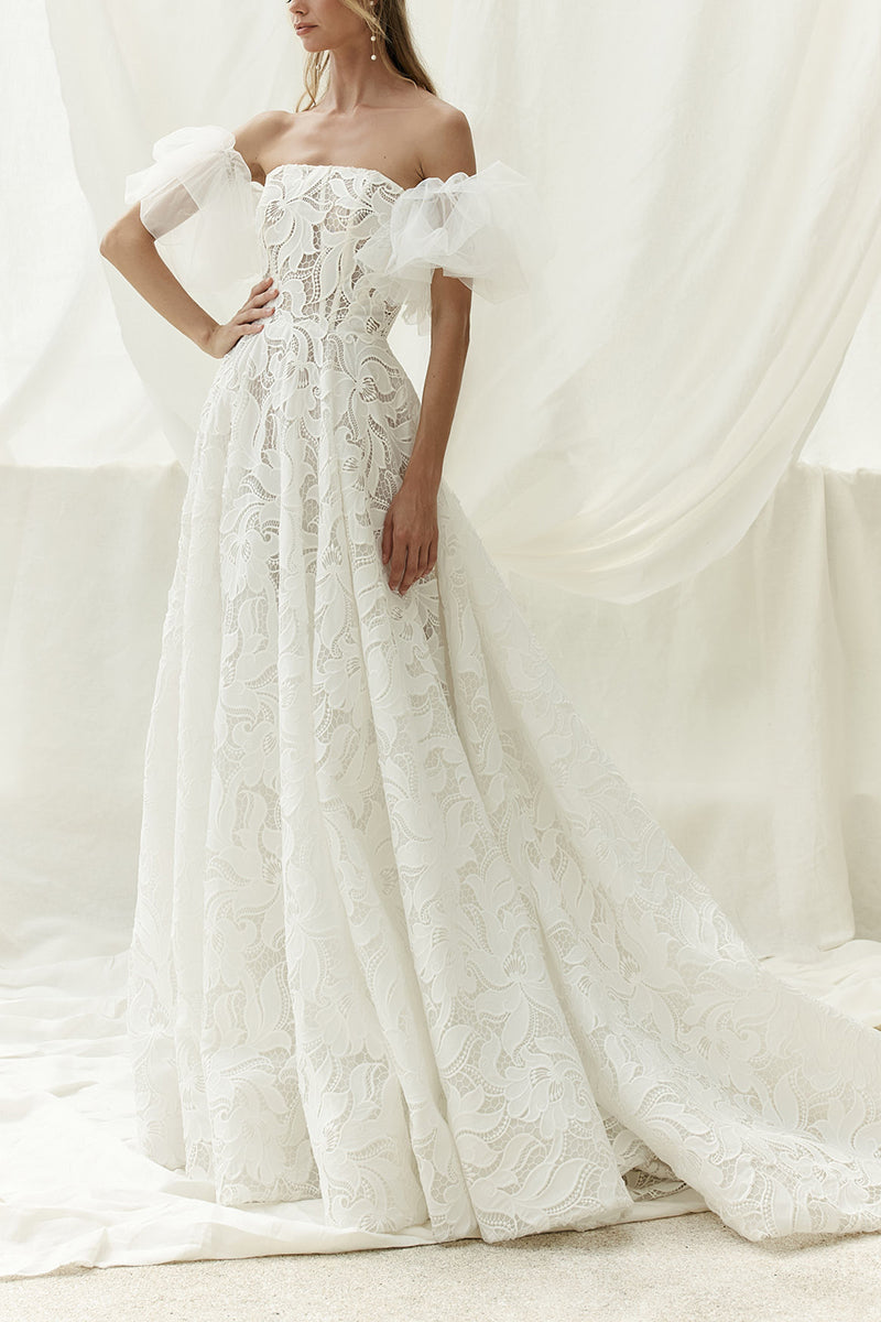 K1430 - Strapless Lace Sheer A-Line Long Wedding Dress With Detachable Sleeves