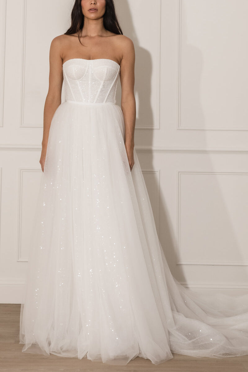 K1436 - Sparkly Strapless Sleeveless Tulle A-Line Long Wedding Dress