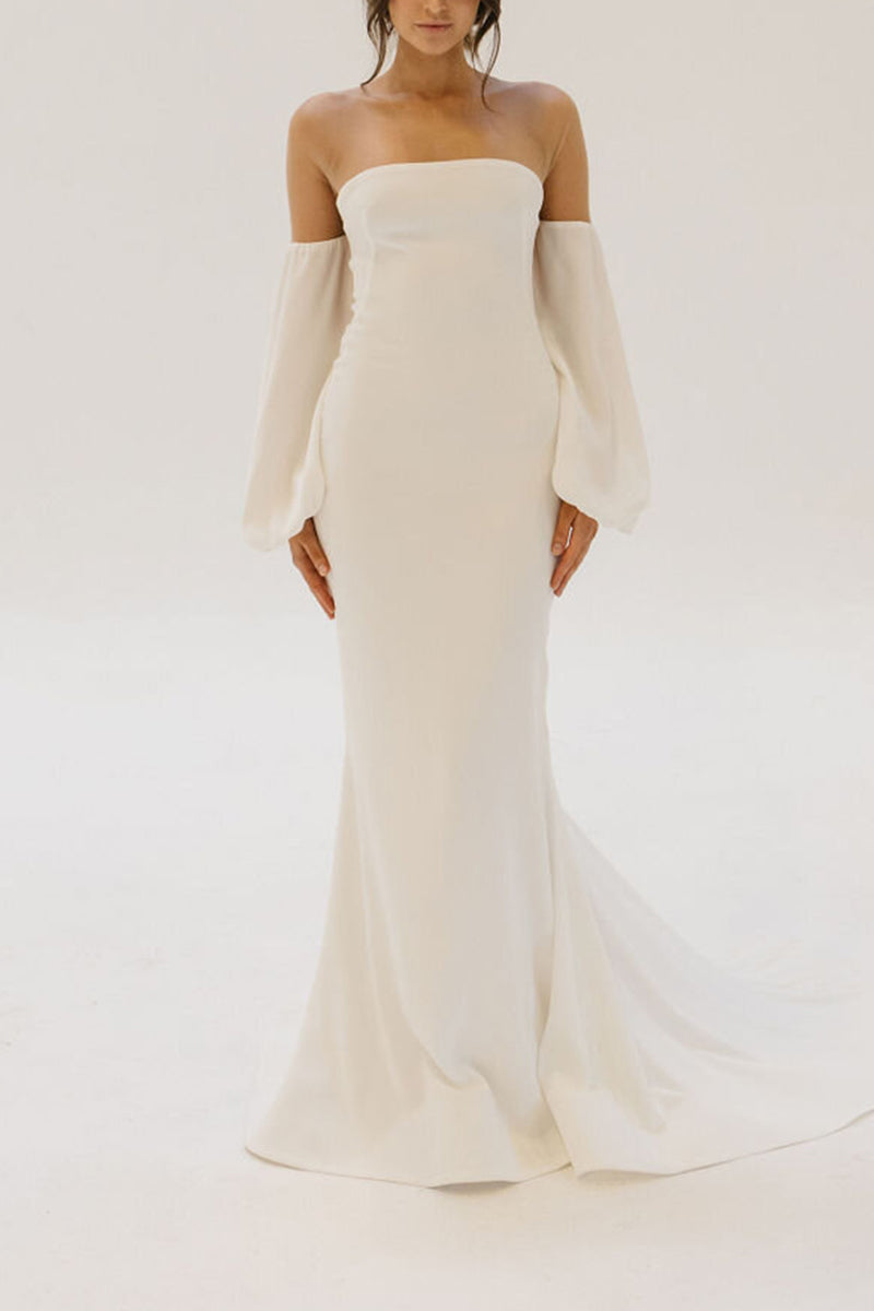 K1437 - Scoop Long Sleeves Sheer Satin Mermaid Long Wedding Dress