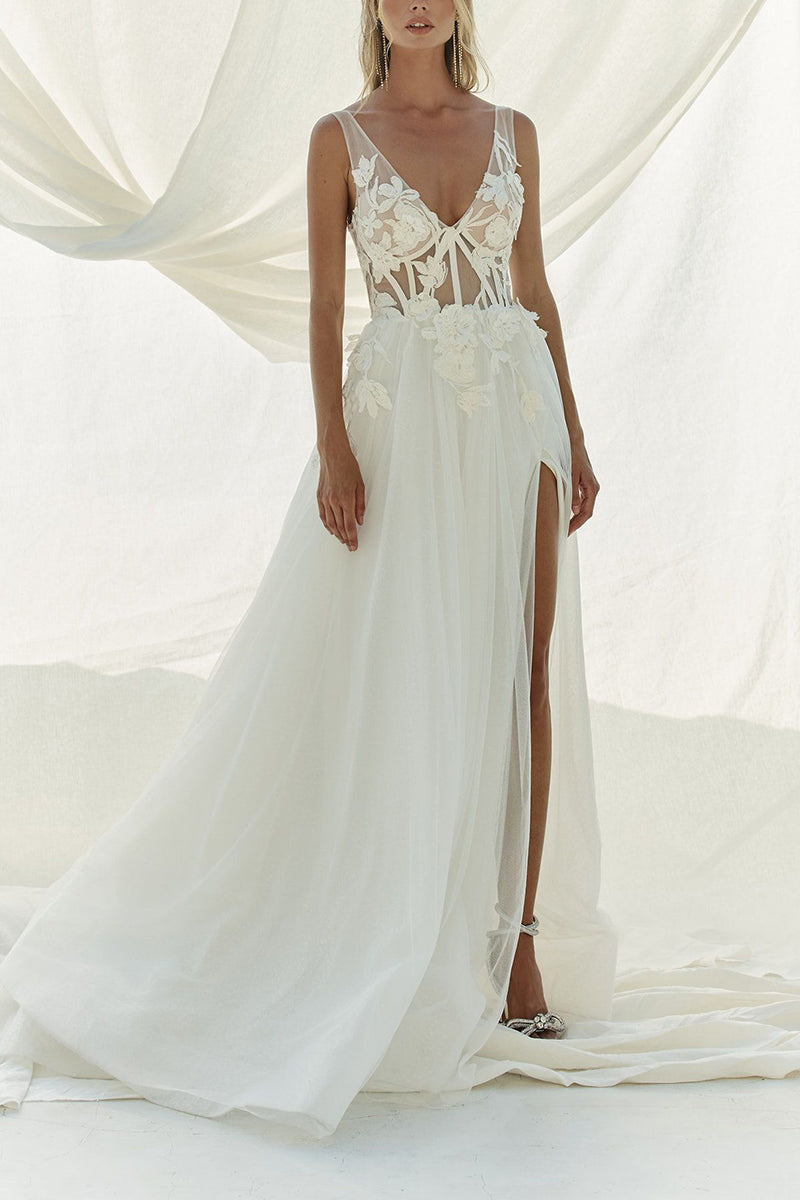 K1441 - V-Neck Appliqued Sheer Tulle A-Line Long Wedding Dress With Slit