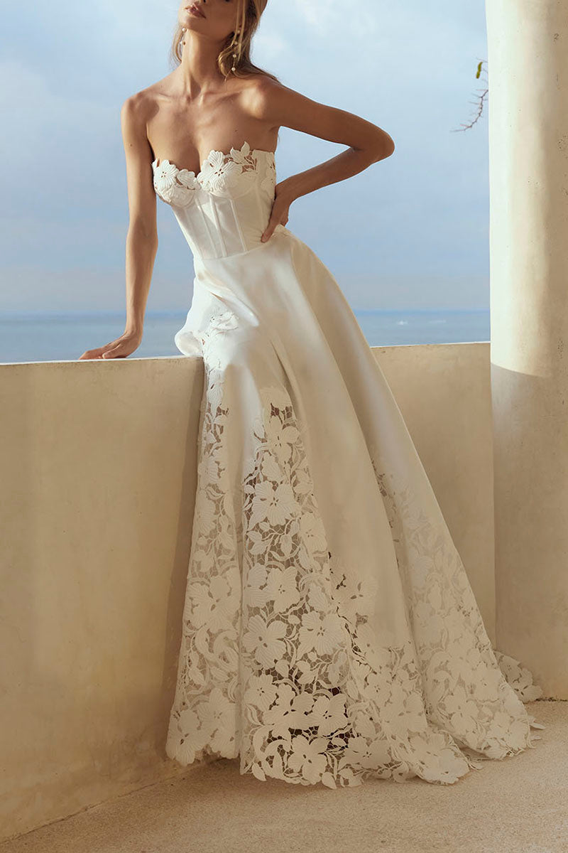 K1443 - Sweetheart Strapless Appliqued Satin A-Line Long Wedding Dress