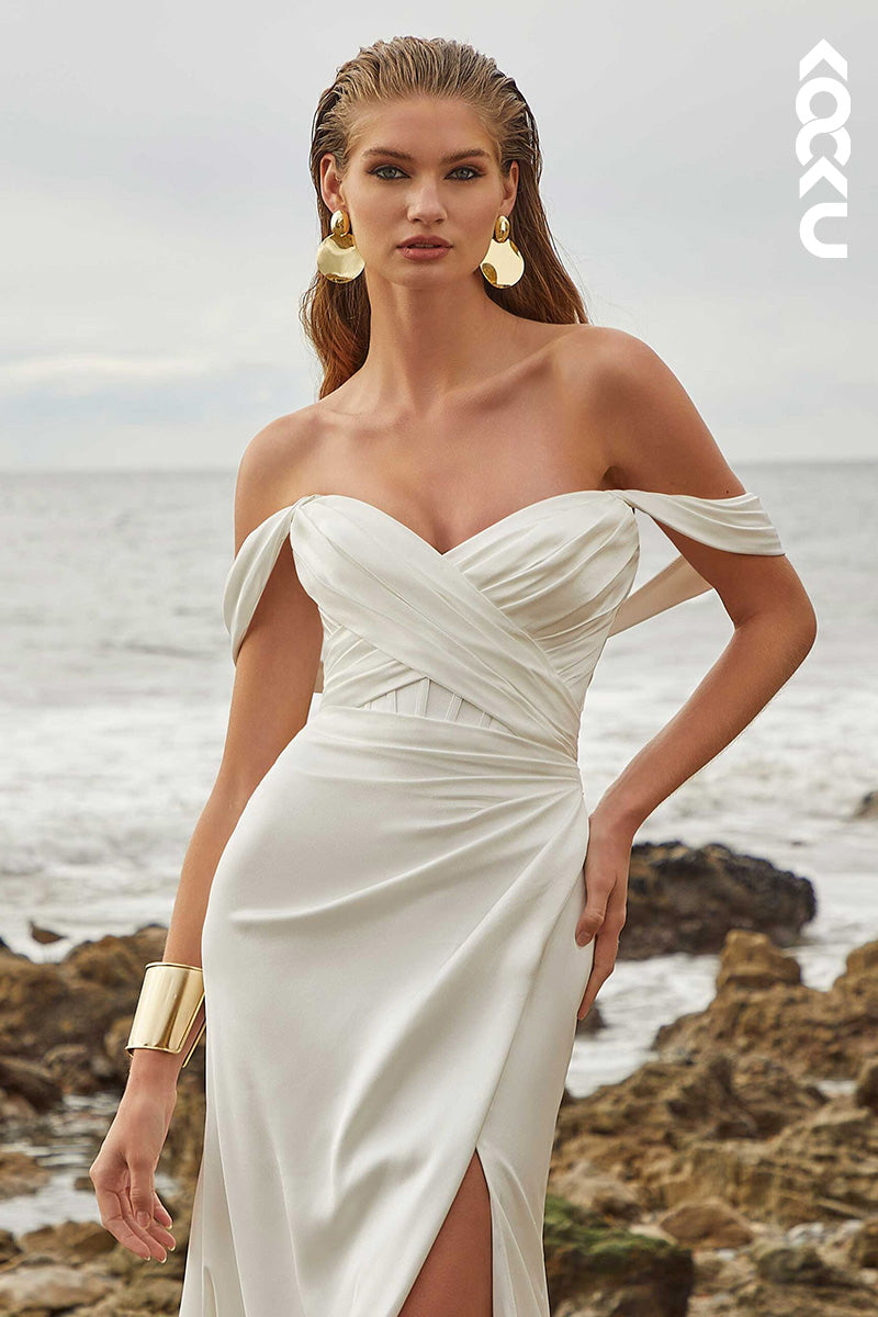 K1446 - Sweetheart Off-Shoulder Ruched Satin Sheath Long Wedding Dress