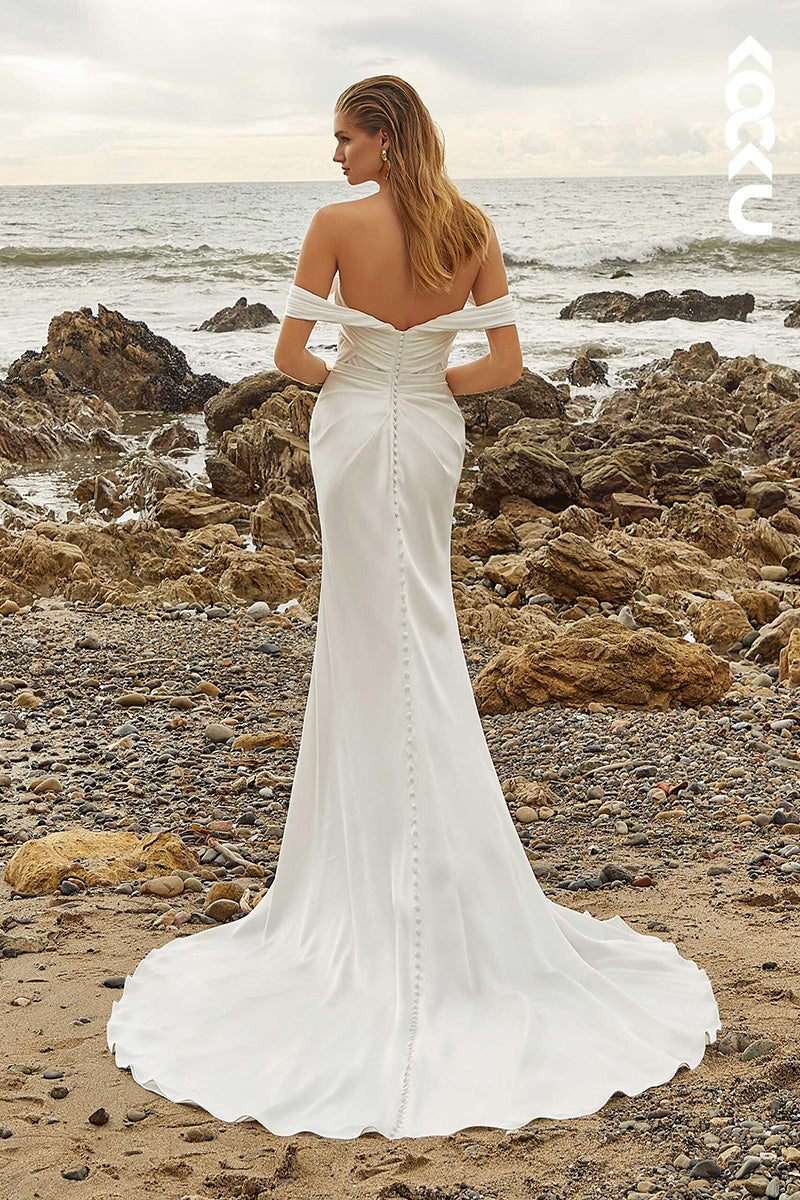 K1446 - Sweetheart Off-Shoulder Ruched Satin Sheath Long Wedding Dress