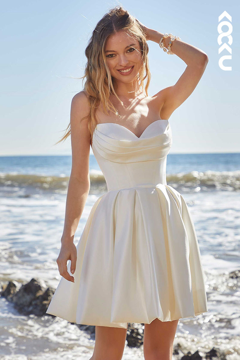 K1448 - Beach Sweetheart Strapless Ruched Satin A-Line Mini Wedding Dress