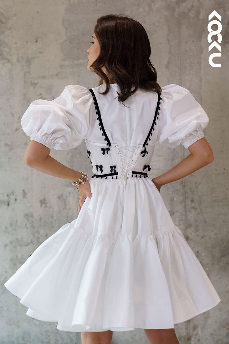 K1449 - Simple Scoop Short Puff Sleeves Satin A-Line Mini Wedding Dress