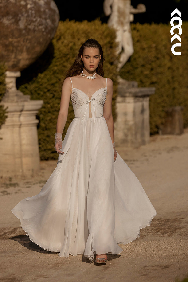 K1453 - Low V-Neck Spaghetti Straps Ruched Tulle A-Line Long Wedding Dress