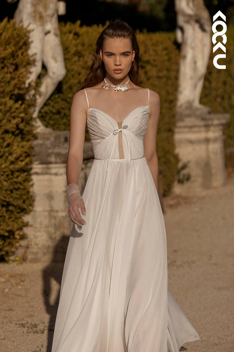 K1453 - Low V-Neck Spaghetti Straps Ruched Tulle A-Line Long Wedding Dress