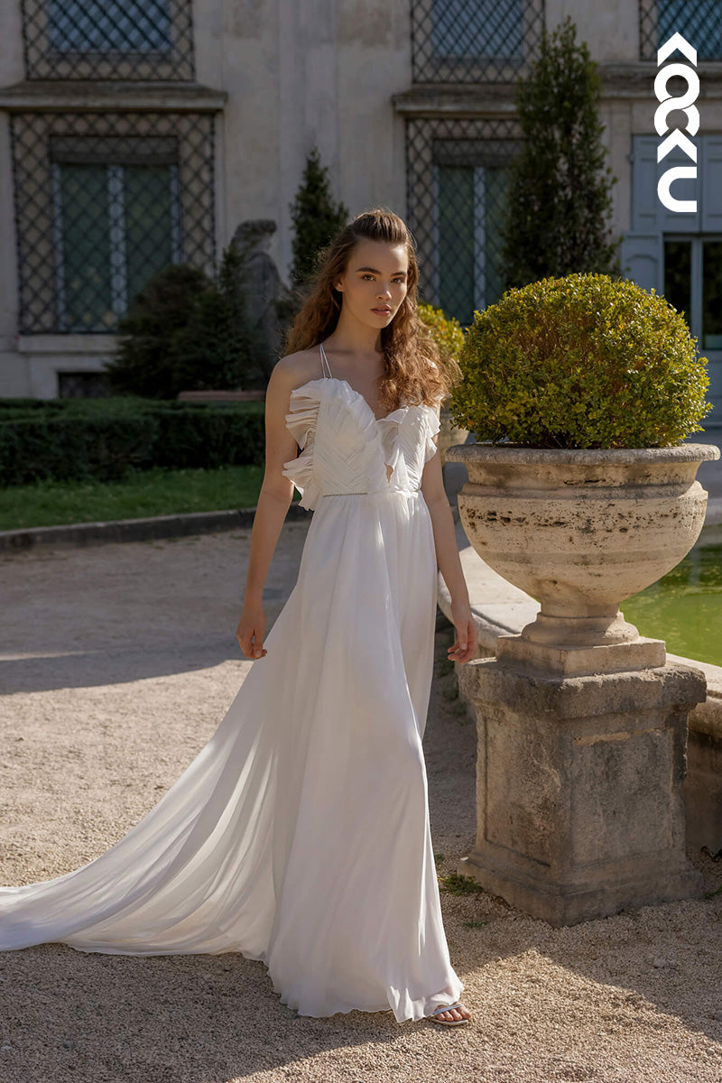 K1454 - Low V-Neck Spaghetti Straps Ruched Tulle A-Line Long Wedding Dress