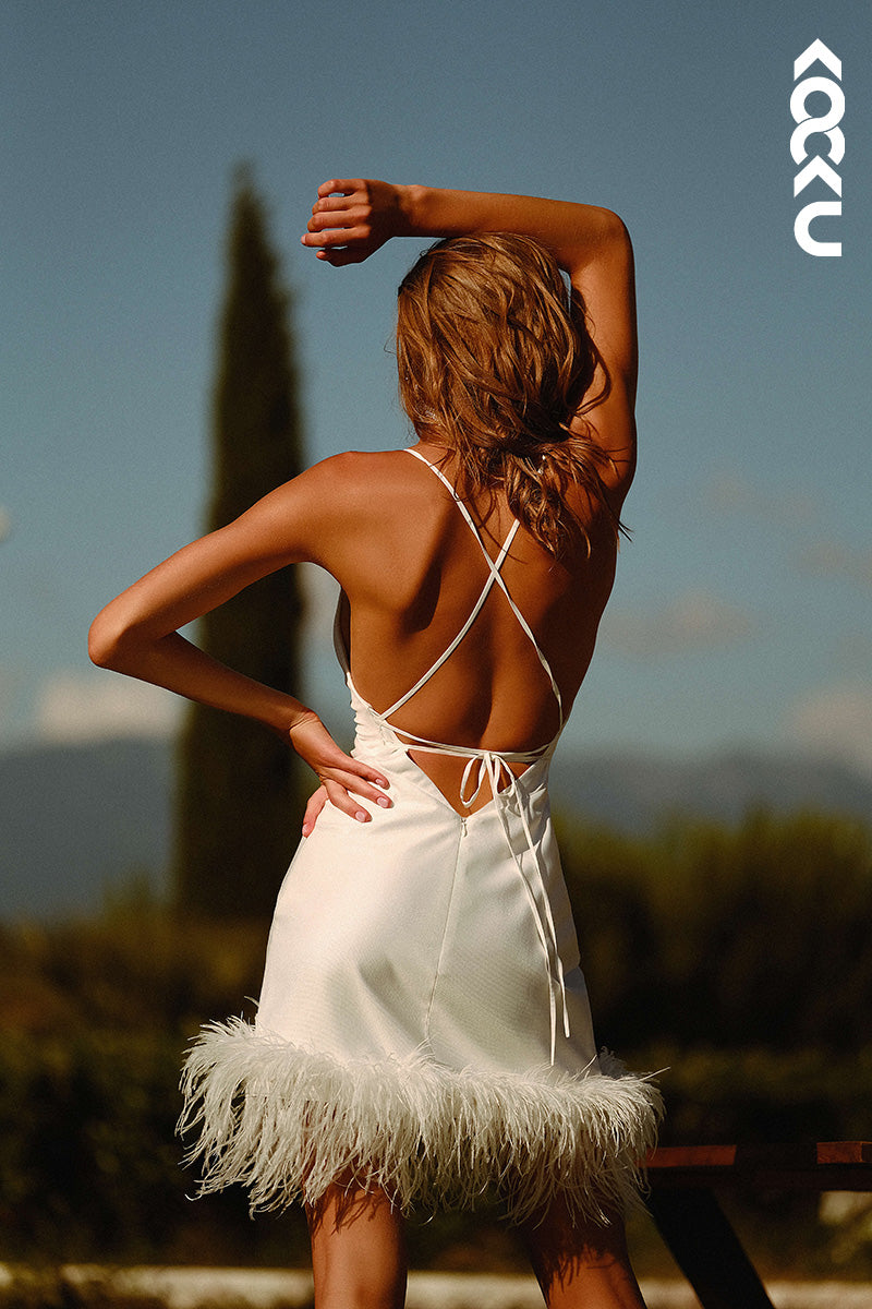 K1456 - V-Neck Spaghetti Straps Feather Satin Sheath Mini Wedding Dress